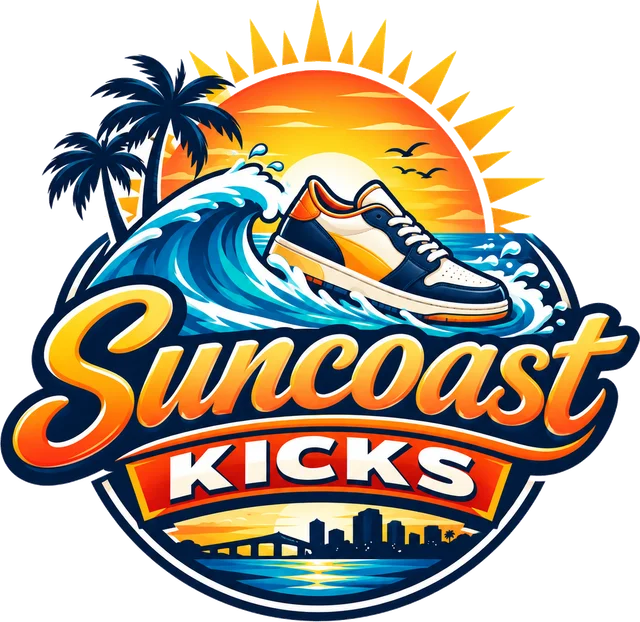 Suncoast Kicks logo: a sneaker riding a wave in front of a Gulf Coast sunset, palm trees and the Sarasota skyline