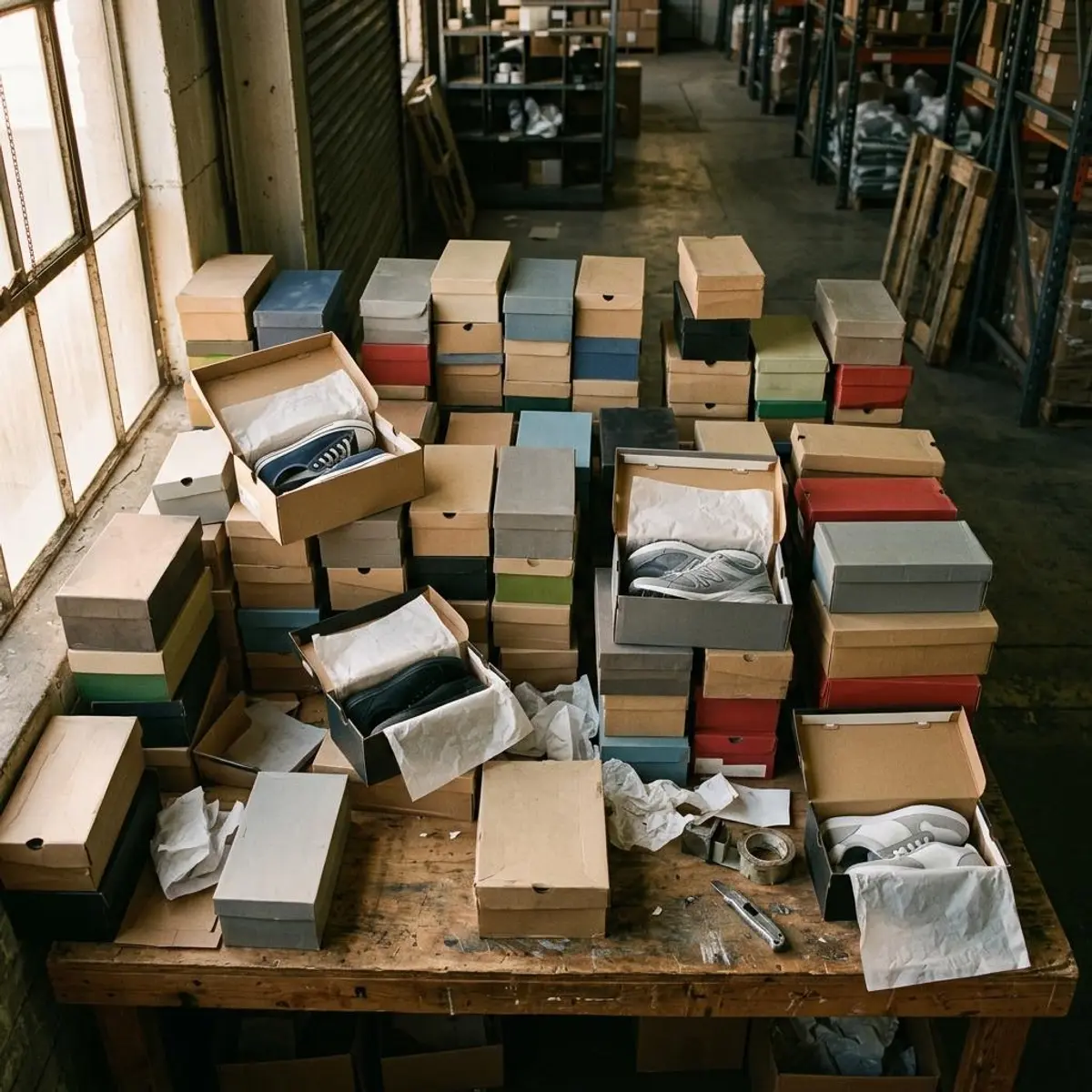 Illustrative photo: stacks of shoe boxes on a warehouse table